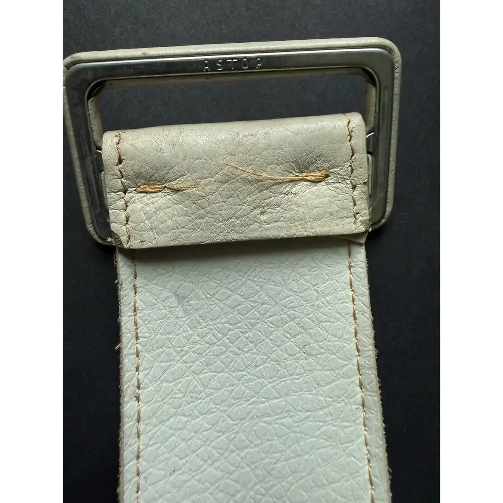 Vintage Astor Germany Leather Wide White Belt Rectangle Buckle Womens Size 26